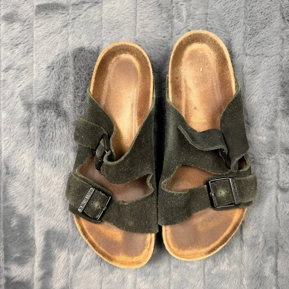 Birkenstock Arizona Sandals 41 Black Suede Double Strap Cork Slides